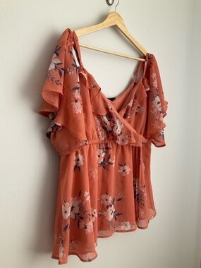 Torrid 1 Peach Coral Floral Cold Shoulder Ruffle V-Neck Blouse
